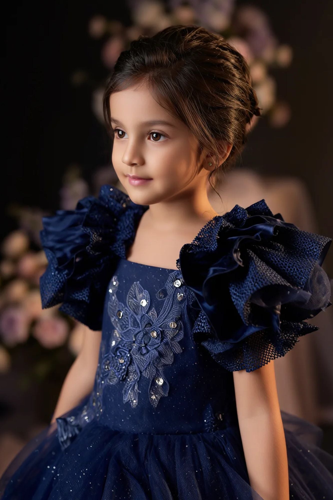 Girls Navy Blue Glitter Net Party Wear Gown with Ruffle Sleeves