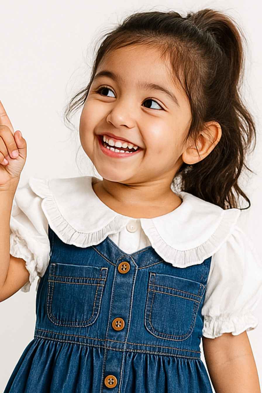 Classic Blue Denim Frock With Puff Sleeve Blouse For Girls