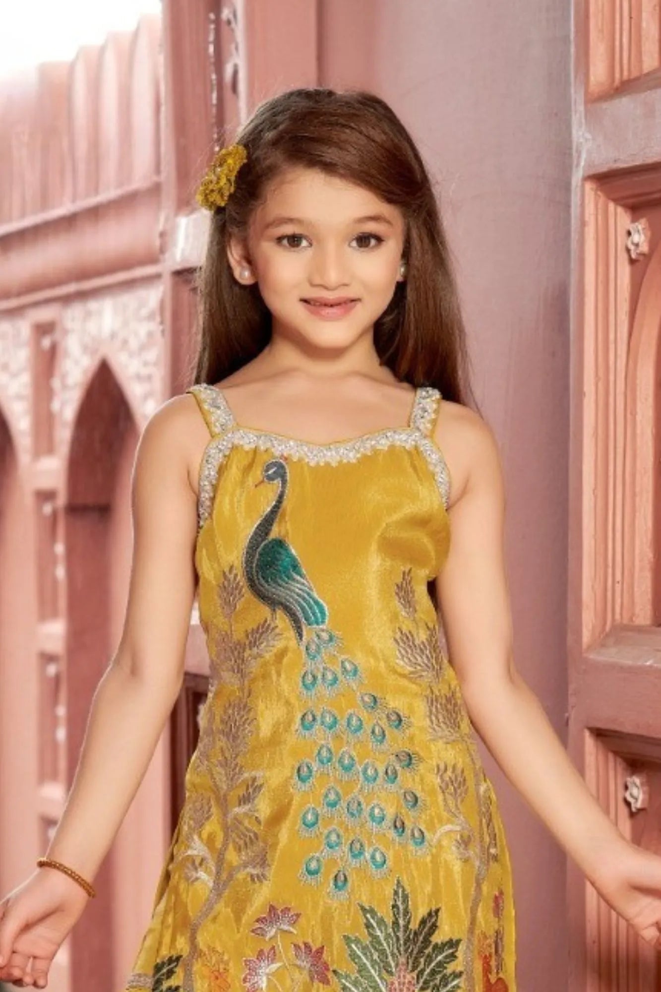Royal Peacock Mustard Embroidered Sharara Set For Girls