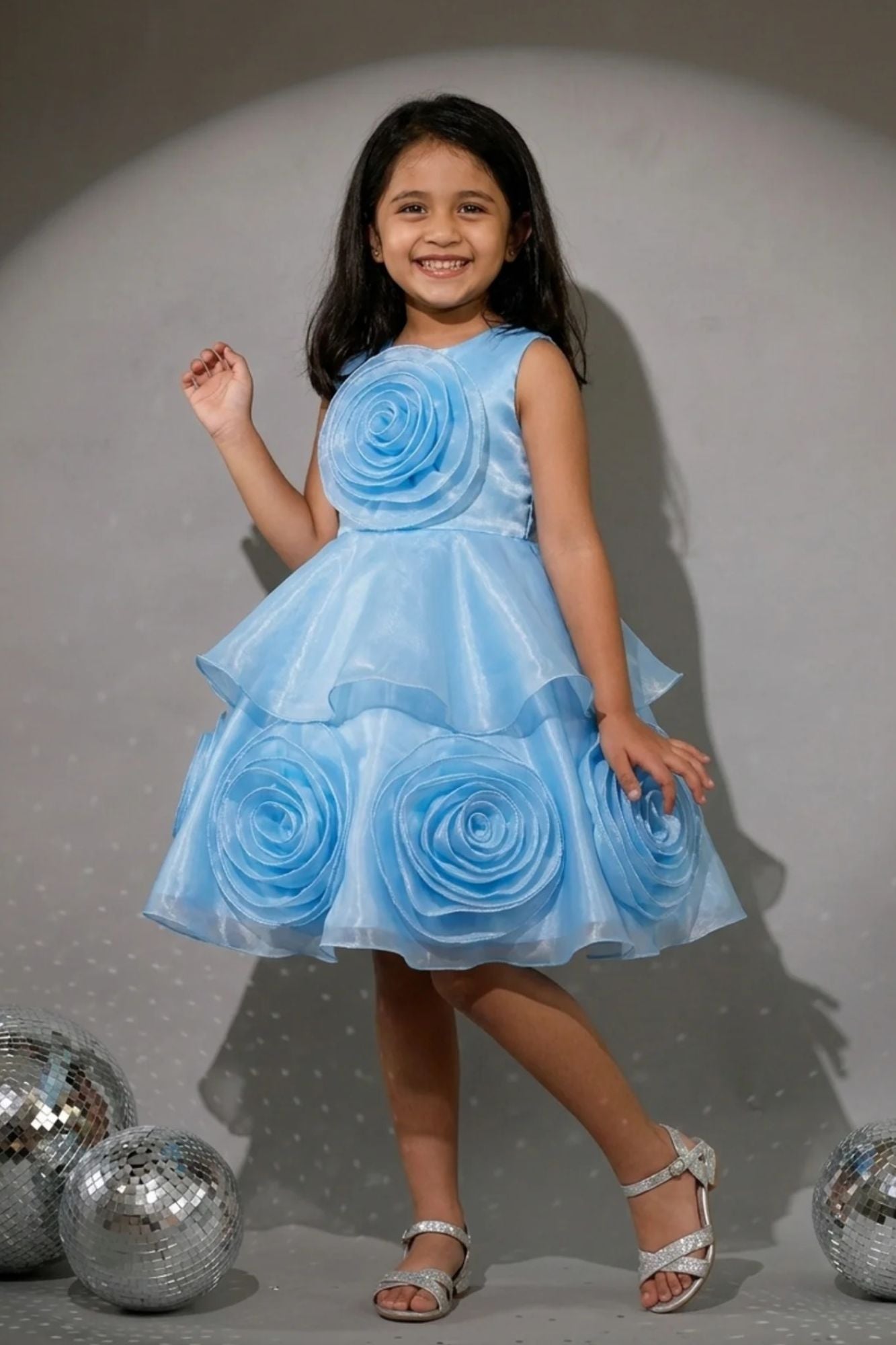 Sky Blue Embellished Party Wear Frock with 3D Rose Appliqué For Girls
