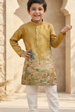 Mustard Scenic Print Kurta with Cream Pajama Set For Boys