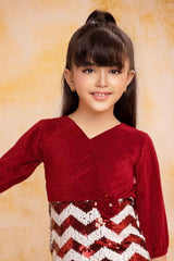 Maroon 3/4th Sleeves And Sequins Work With Floral Embellished Dress For Girls