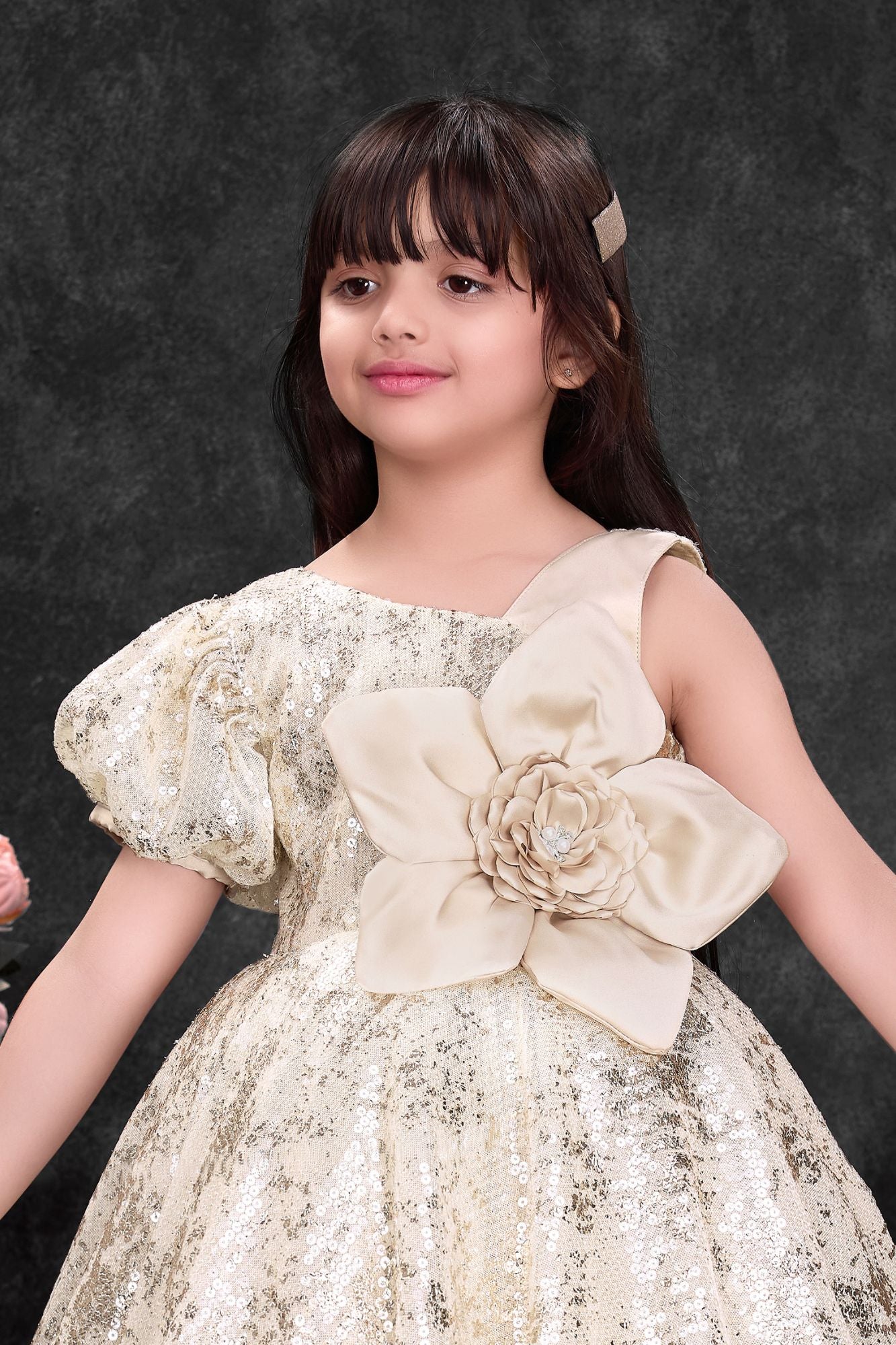 Fawn Sequin Party Wear Frock with Statement Floral Detail For Girls