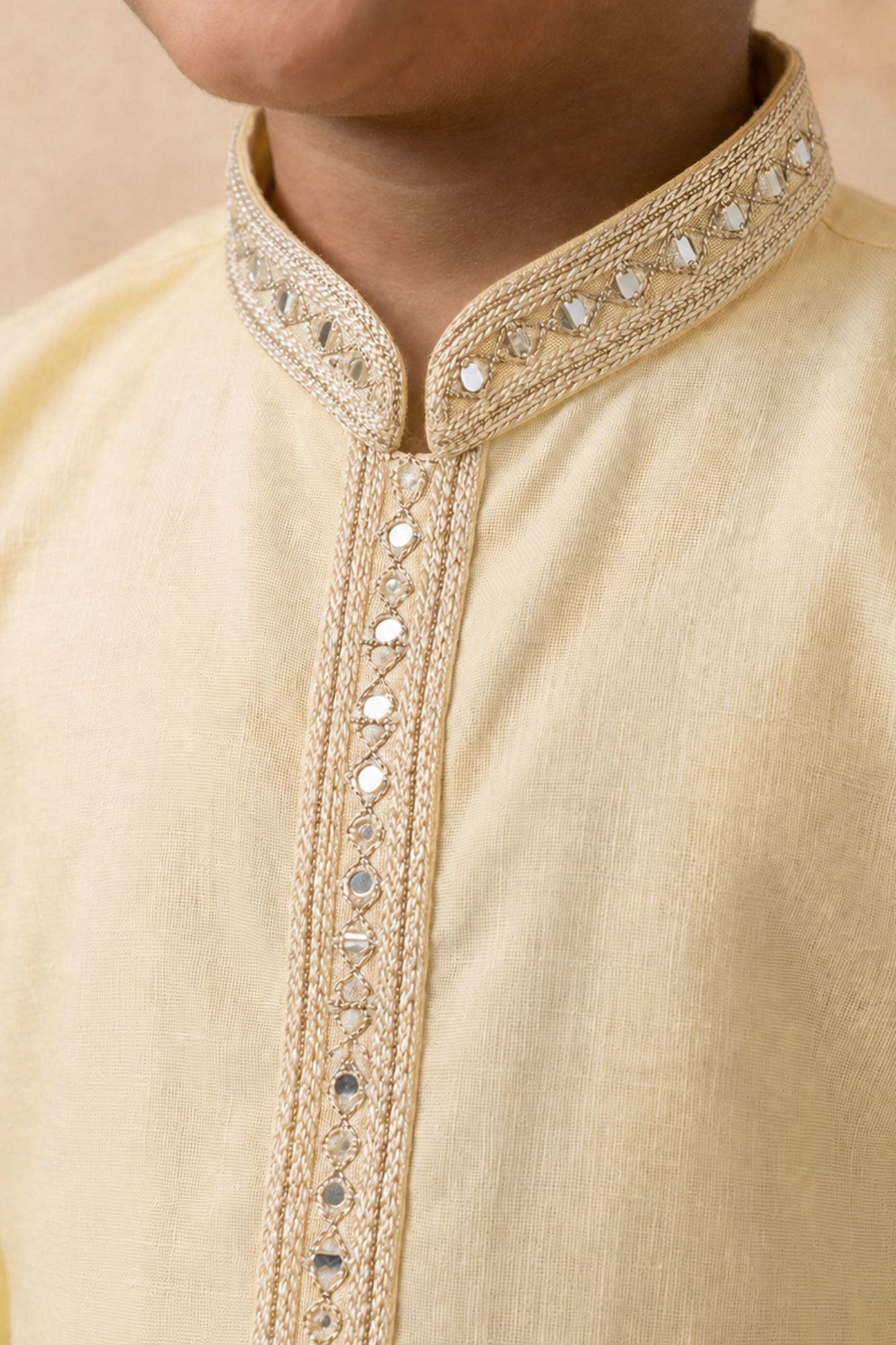 Yellow Embroidered Linen Kurta Set For Boys