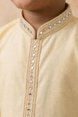 Yellow Embroidered Linen Kurta Set For Boys