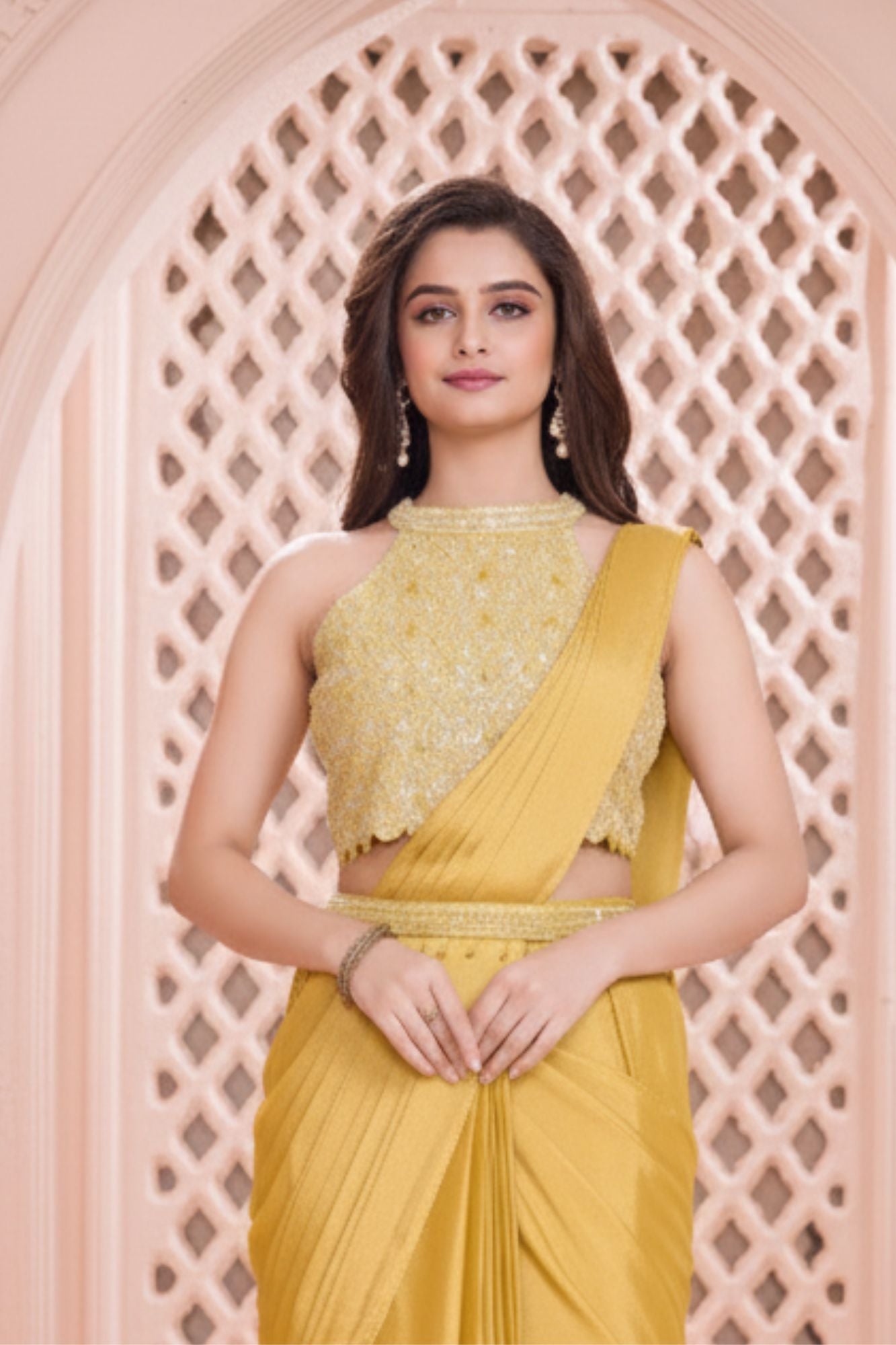 Designer Mustard Yellow Pre Draped Saree with Embellished Blouse For Girls