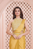 Designer Mustard Yellow Pre Draped Saree with Embellished Blouse For Girls