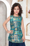 Teal Blue Brocade Kurta With Patiala Bottom For Girls