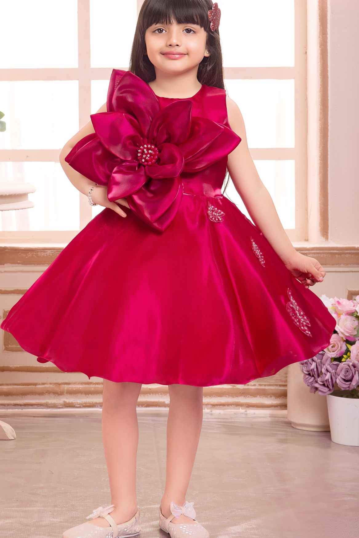 Elegant Rani Pink Floral And Butterfly Embellished Frock For Girls