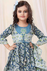 Blue Floral Embroidered And Floral Printed Sharara Set For Girls