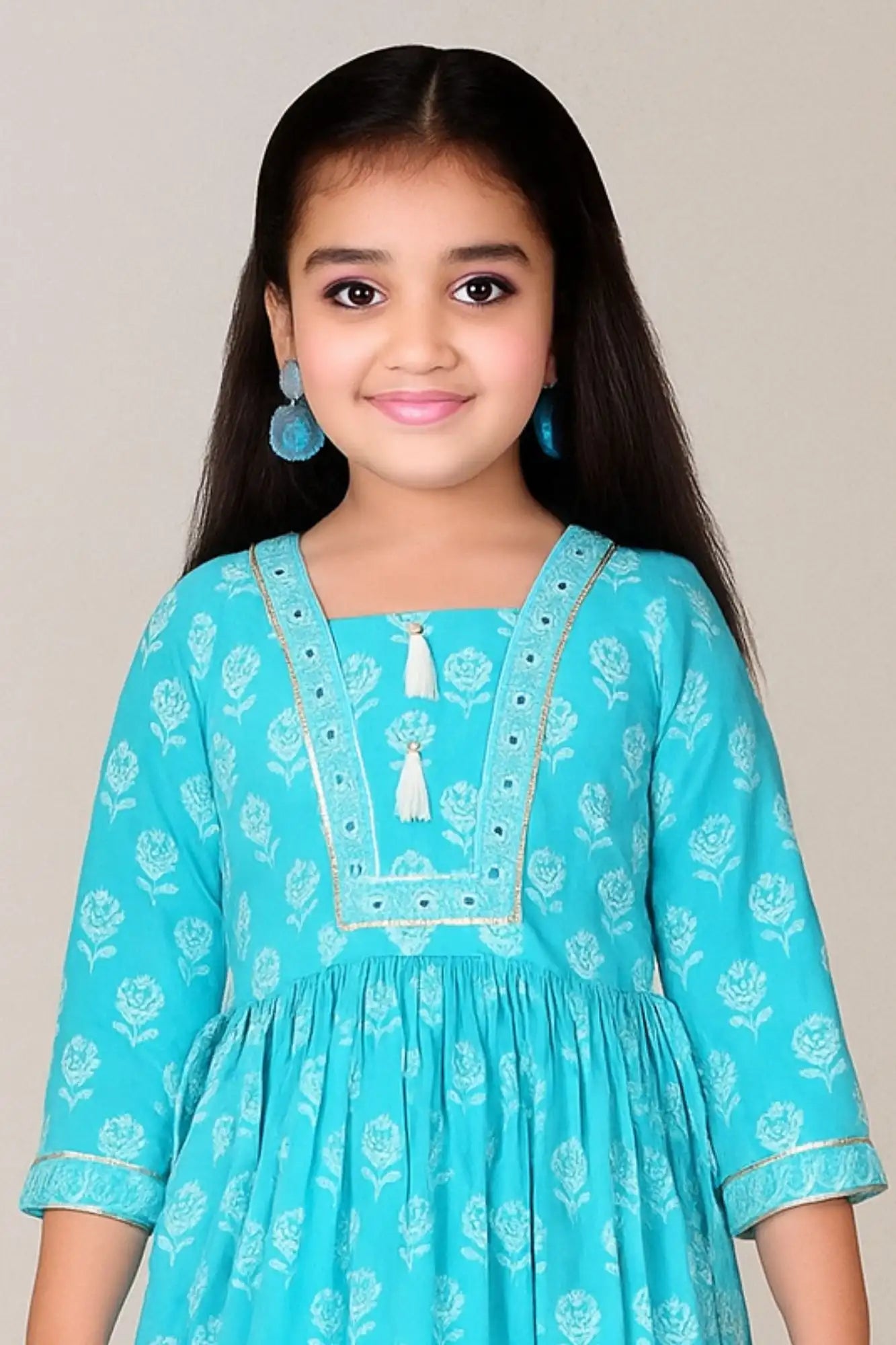 Sky Blue Printed Kurta Set with Tassel Detail For Girls
