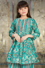 Green Floral Printed And Embroidered Sharara Set For Girls