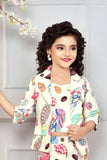 Cream Co-Ord Set with Quirky All-Over Print and Blazer Style Jacket For Girls