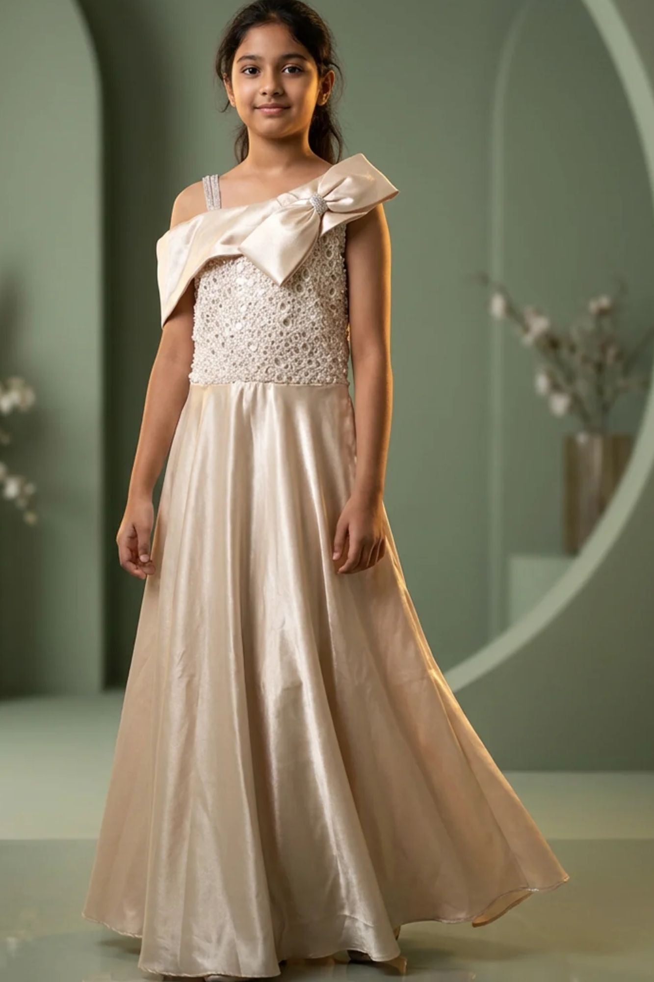 Girls Champagne Gold One-Shoulder Party Wear Gown