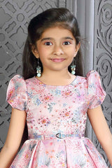 Pink Satin Frock With Floral Printed And Stone Work For Girls