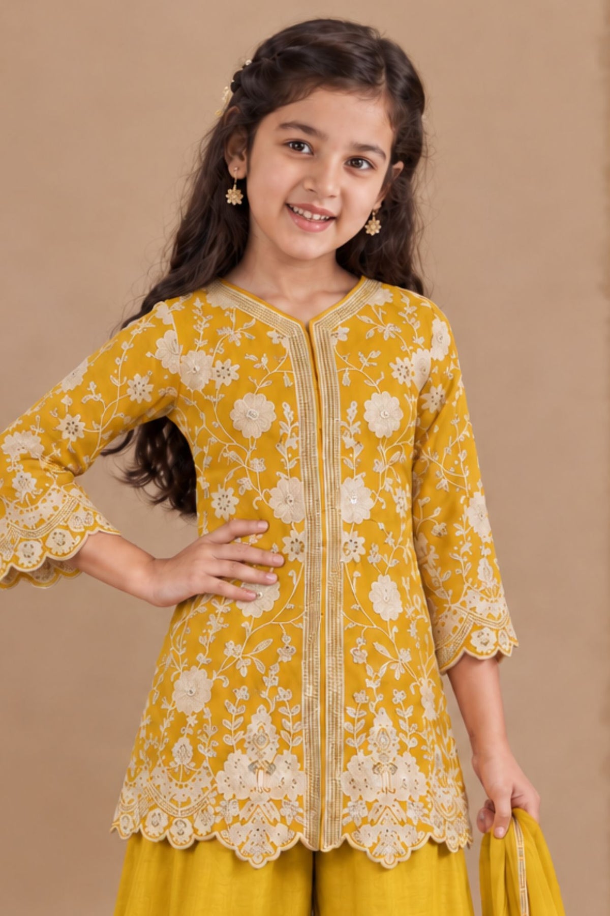 Mustard Yellow Zari Embroidered Palazzo Set For Girls
