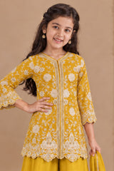 Mustard Yellow Zari Embroidered Palazzo Set For Girls