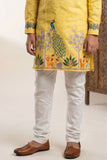 Mustard Yellow Peacock Printed Kurta Pyjama Set For Boys