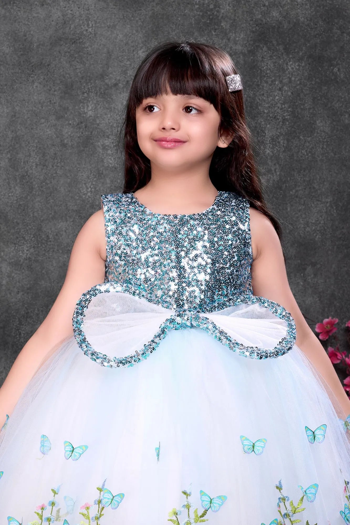 Blue Sequin Bodice Party Wear Frock with Butterfly Print Skirt For Girls