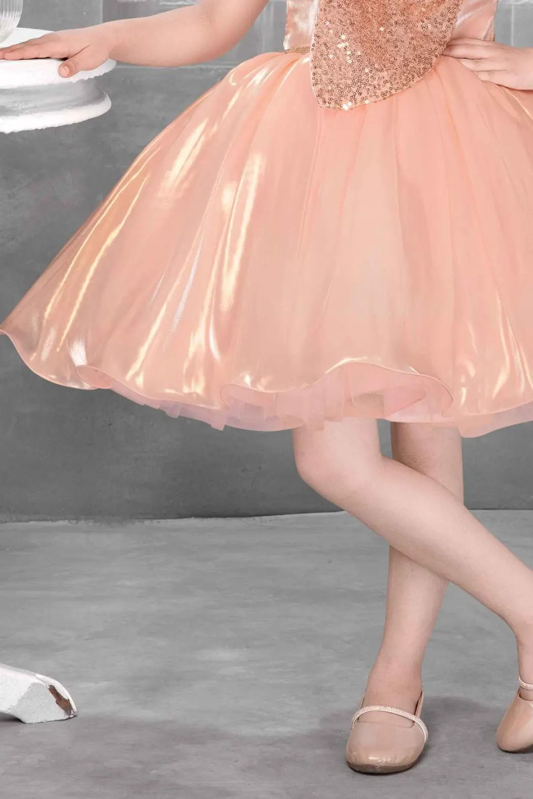 Peach Shimmer Party Frock with Sequin Bow and 3D Flower Detail For Girls