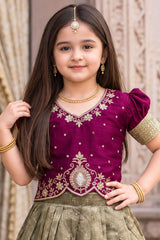 Girls Elegant Wine Embroidered Pattu Pavadai Set