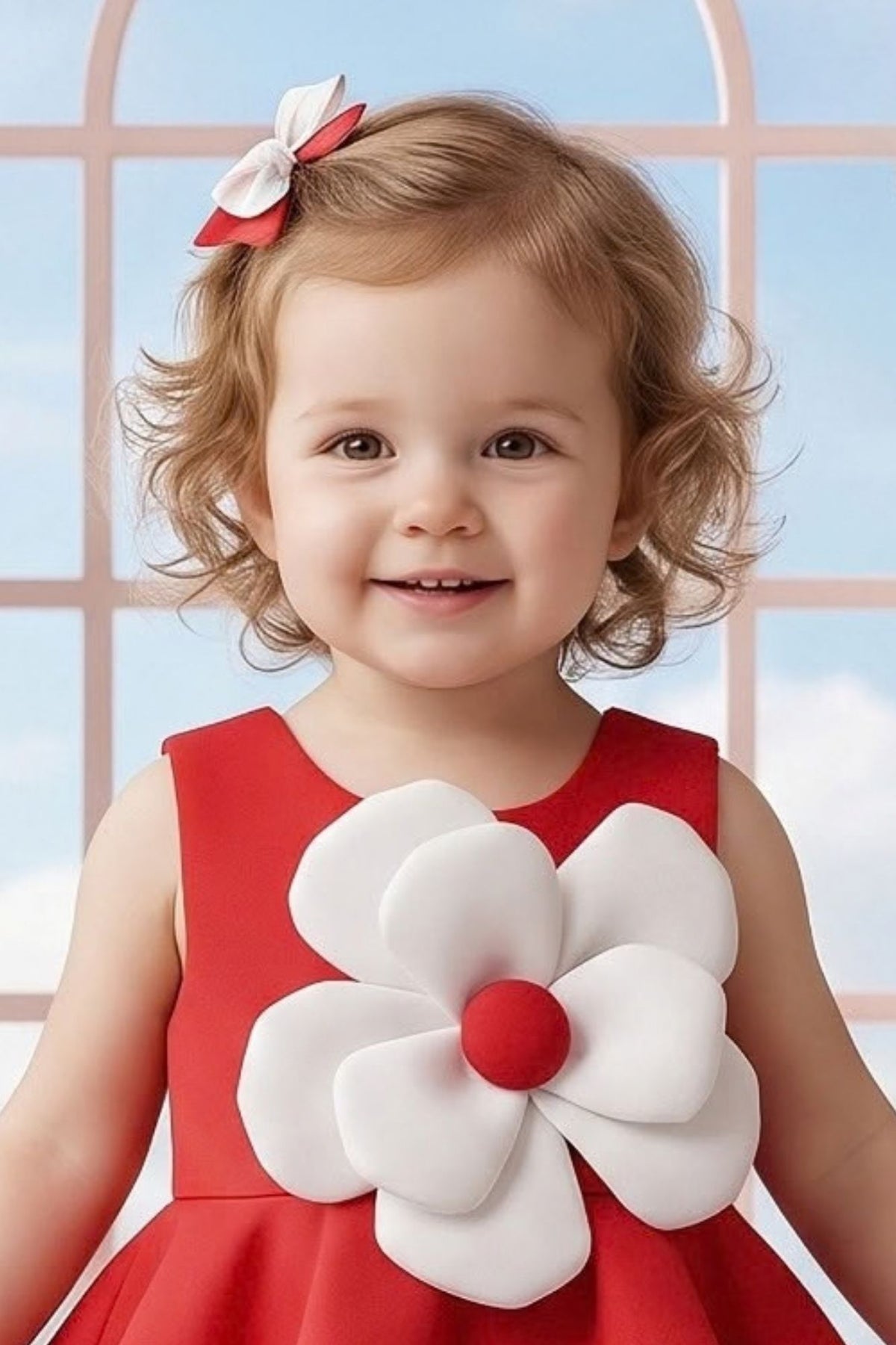 Girls Red Statement Flower Party Wear Frock