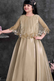 Gold Satin Party Wear Gown with Embellished Net Cape For Girls