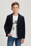 White Graphic T-Shirt with Navy Blue Textured Blazer Set For Boys