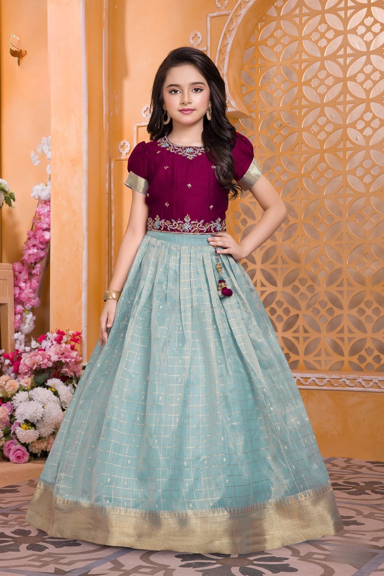 Wine & Ice Blue Silk Pattu Pavadai with Puff Sleeves For Girls