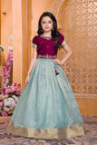 Wine & Ice Blue Silk Pattu Pavadai with Puff Sleeves For Girls