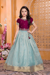 Wine & Ice Blue Pattu Pavadai with Puff Sleeves For Girls