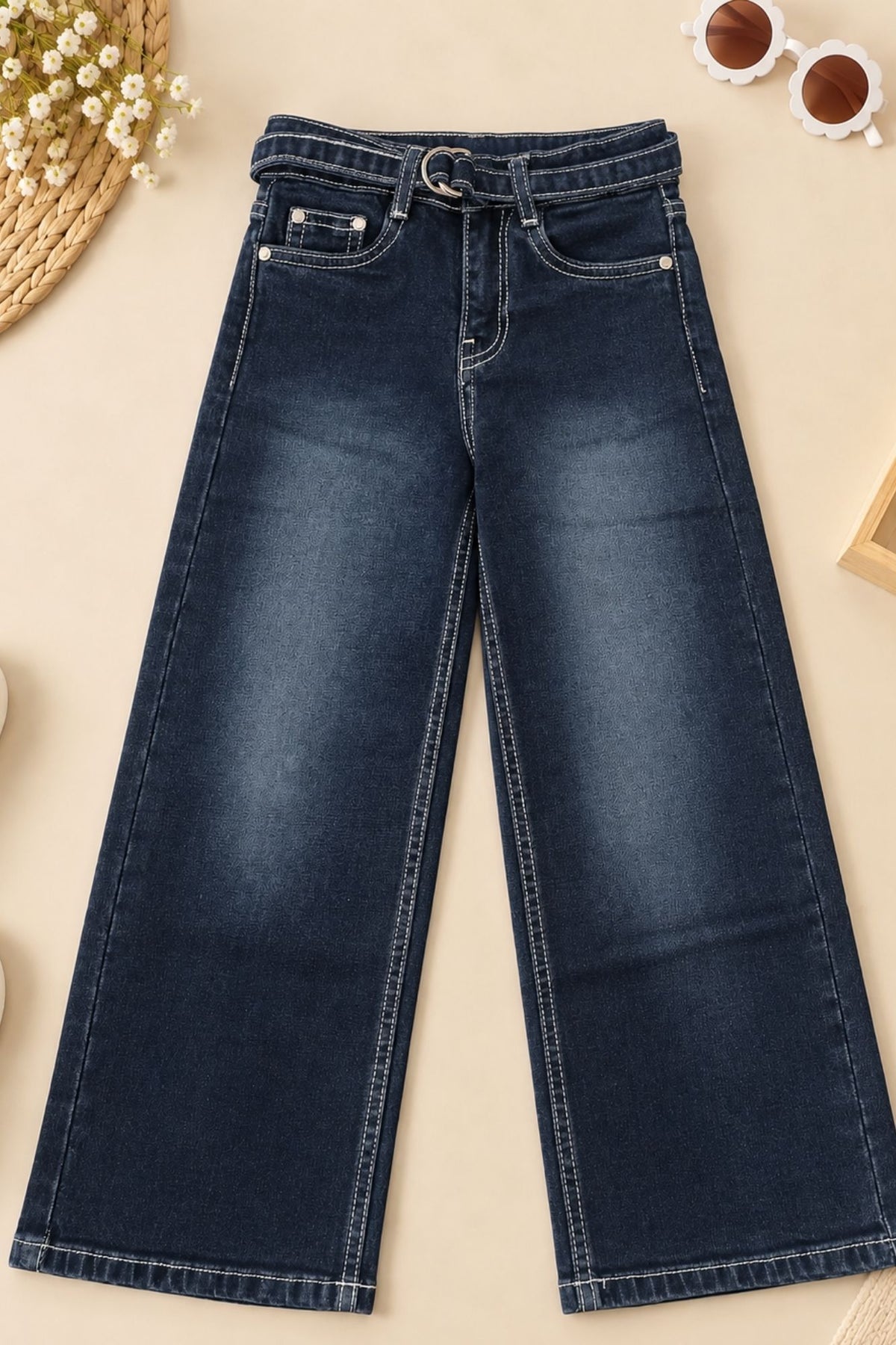 Girls Dark Blue Washed Denim Straight Fit Jeans