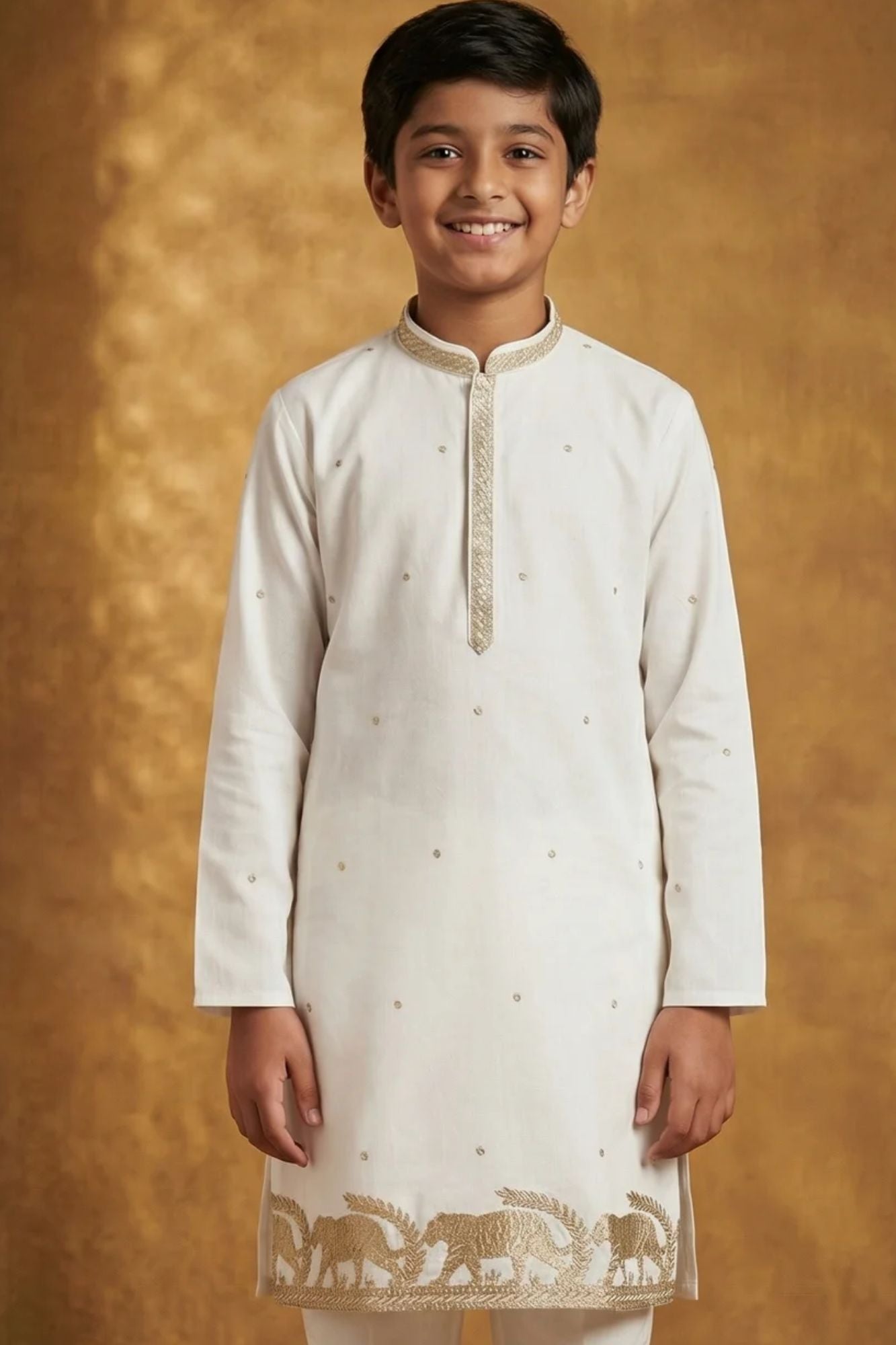 Boys White Kurta Pajama Set With Golden Zari Embroidery And Shawl