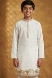 Boys White Kurta Pajama Set With Golden Zari Embroidery And Shawl