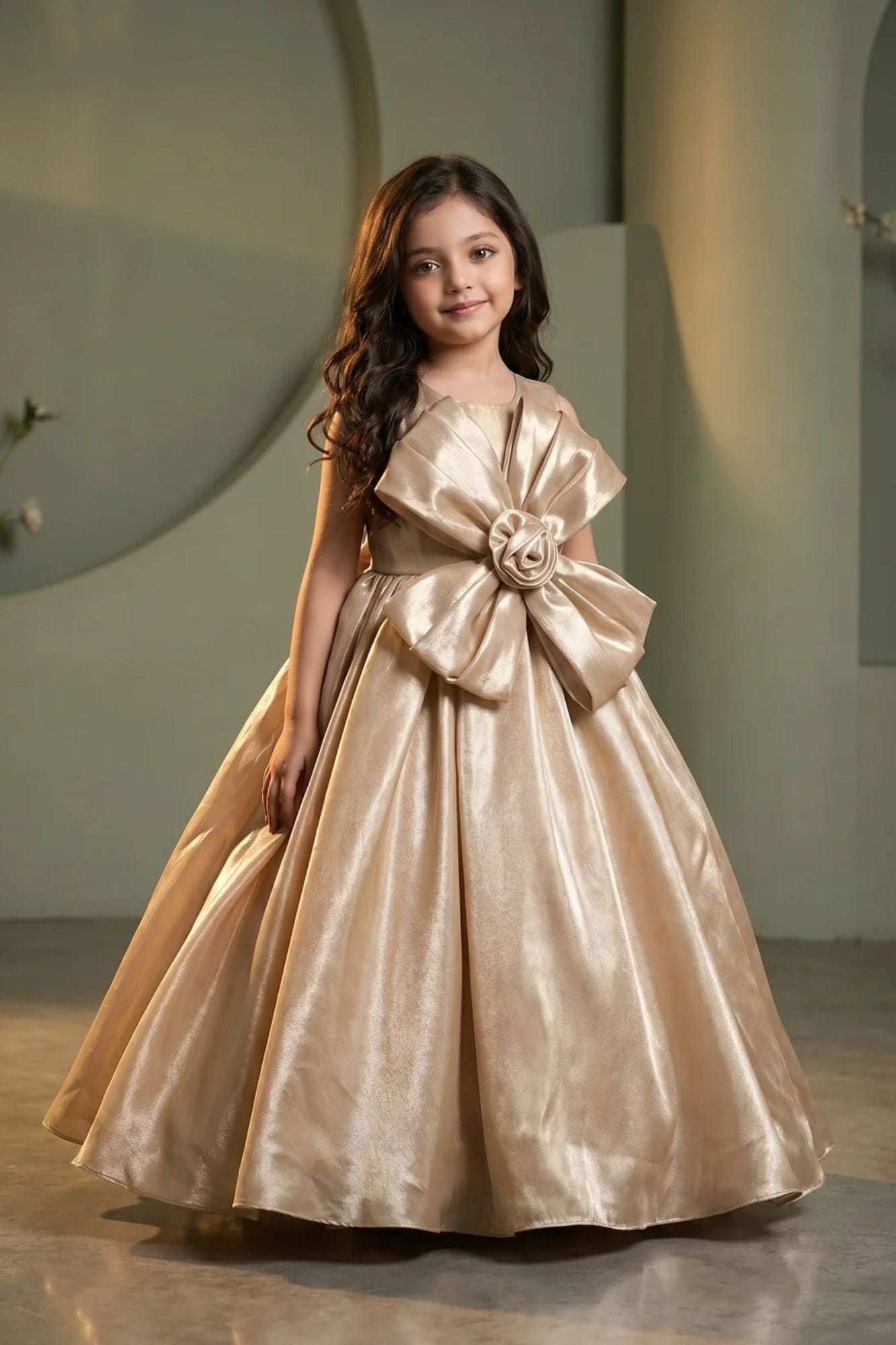 Girls Champagne Gold 3D Flower Applique Ball Gown