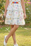 Cream Floral Tiered Dress with Puff Sleeves For Girls