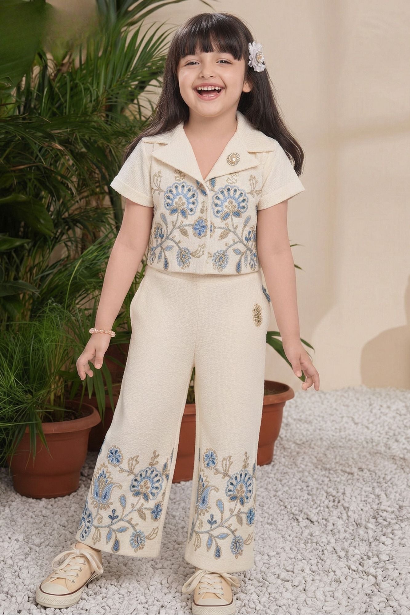 Beige Floral Embroidered Crop Top And Palazzo Set For Girls