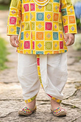 Royal Boys Yellow With Multicolor Geometric Print Dhoti Set For Festive Wear