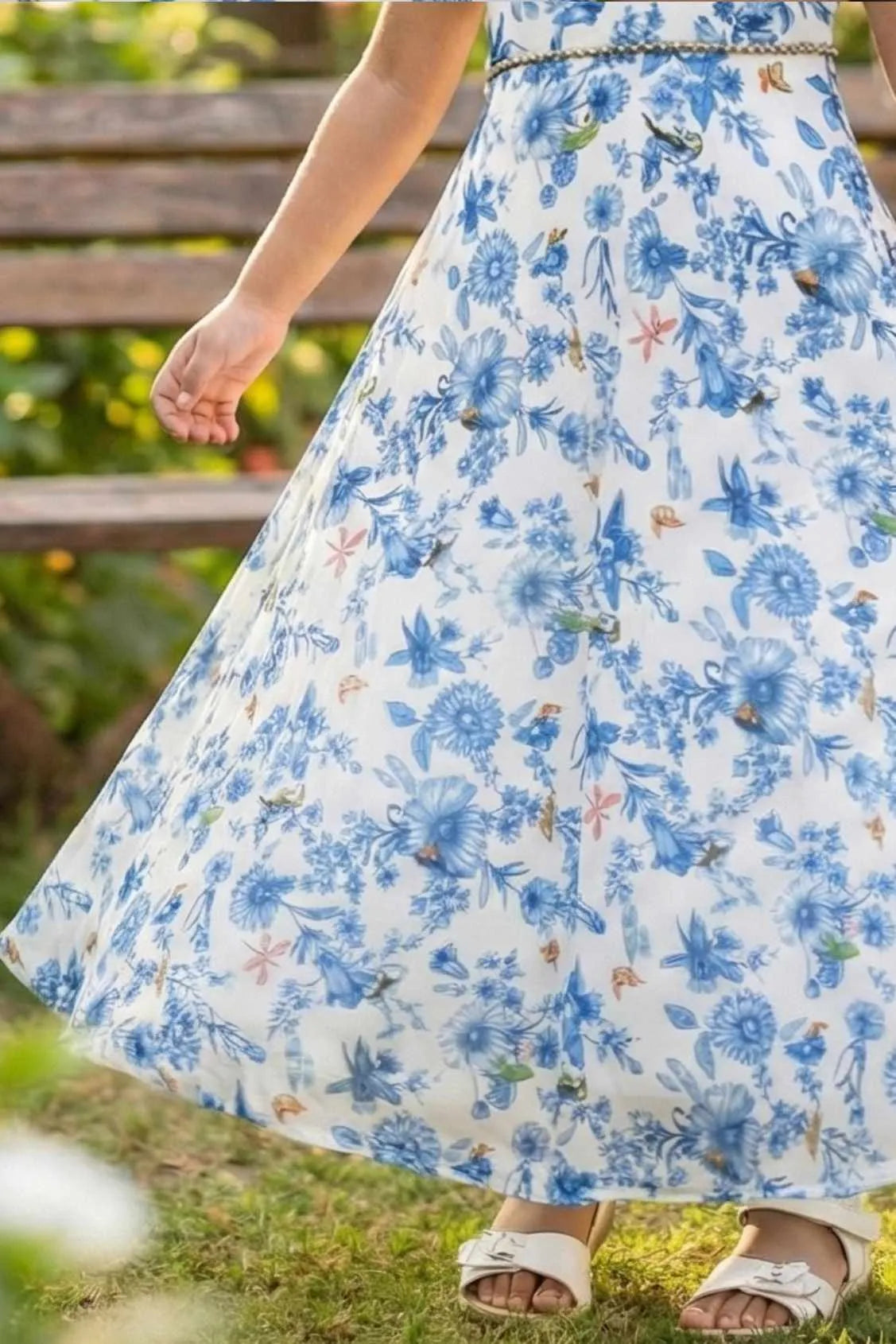 White And Blue Floral Printed Gown For Girls