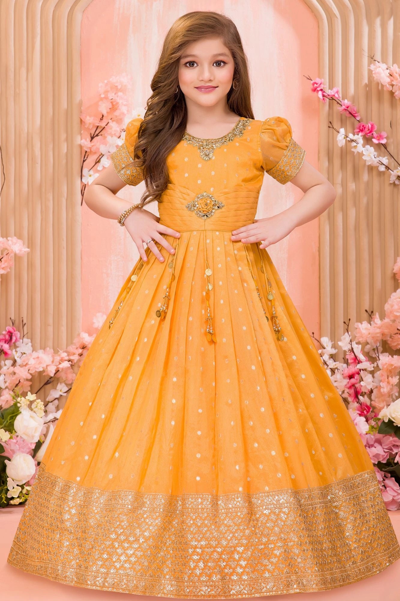 Gold Silk Gown with Zari Border & Embroidered Waist Motif For Girls