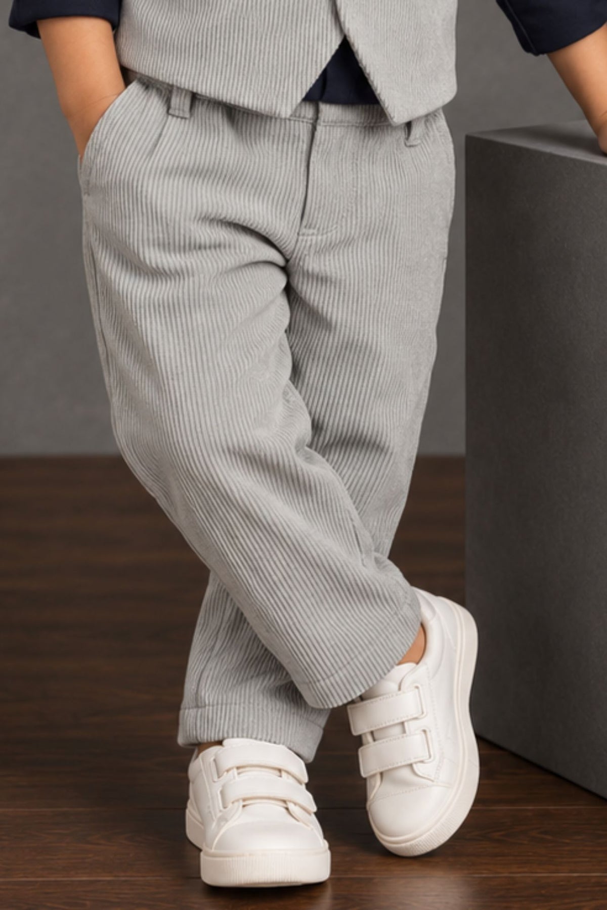 Boys Light Grey Corduroy Textured Waistcoat Suit Set with Bow Tie