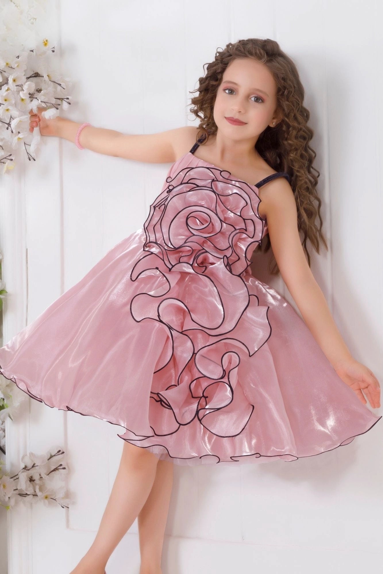 Peach Spiral 3D Petal Appliqué Party Frock For Girls
