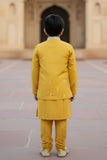 Mustard Yellow Embroidered Kurta Set with Nehru Jacket For Boys