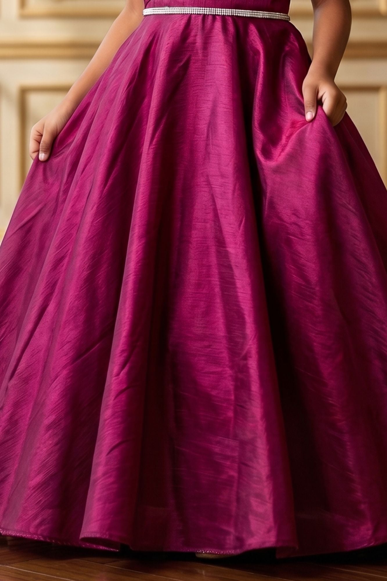 Girls Wine One-Shoulder Party Gown with Floral Applique