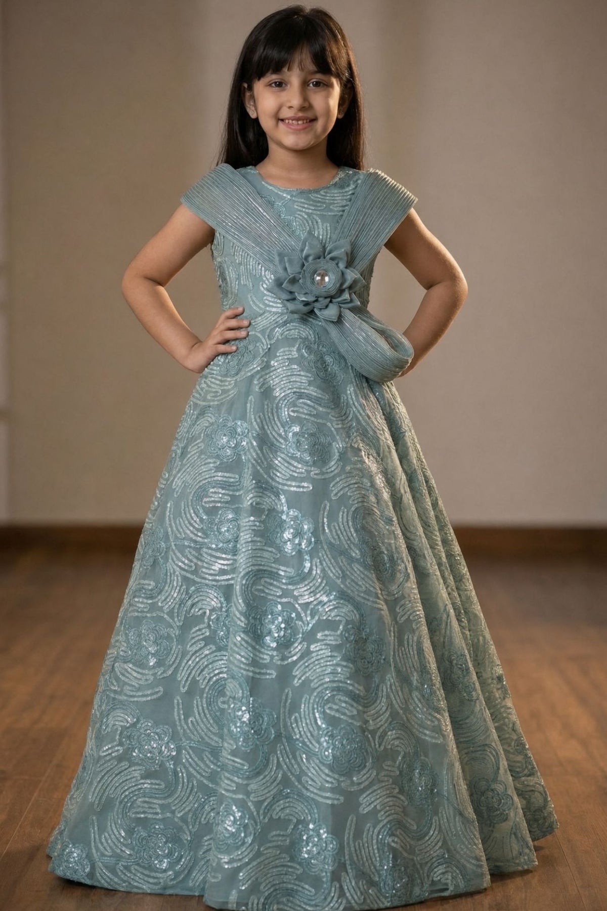 Blue Sequins Embellished Party Gown For Girls