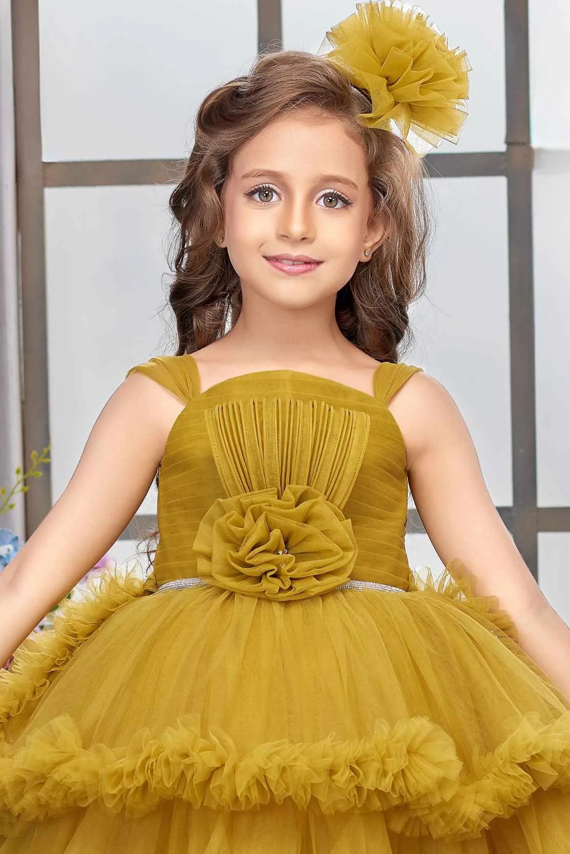 Mustard Layered Ruffle High-Low Party Wear Frock For Girls