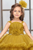Mustard Layered Ruffle High-Low Party Wear Frock For Girls