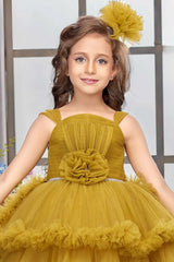 Mustard Layered Ruffle High-Low Party Wear Frock For Girls