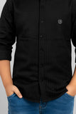 Black Textured Shirt With Tonal Stripes And Embroidered Badge For Boys