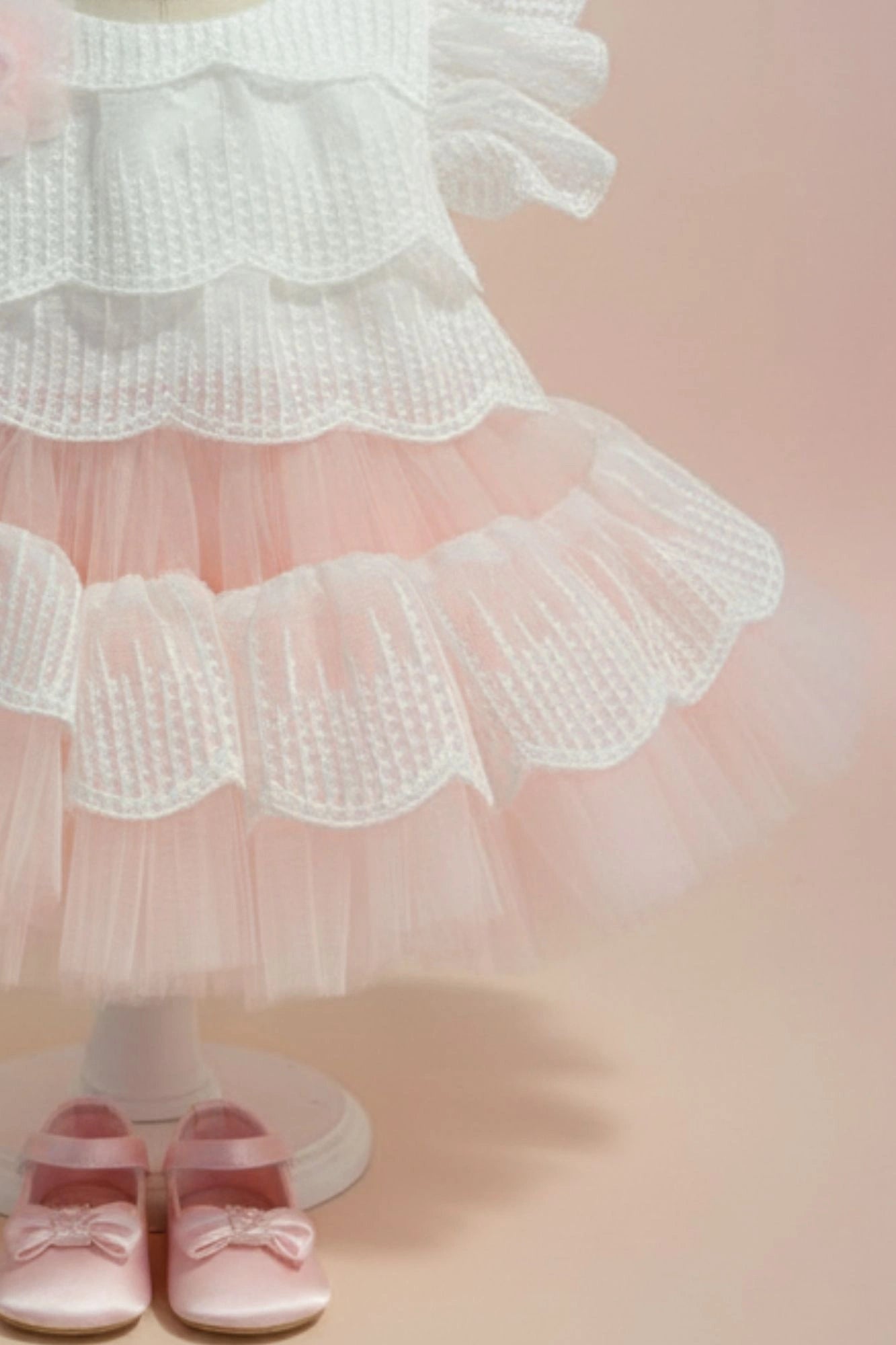 Peach Layered Frock with White Scallop Lace and Floral Accent For Girls